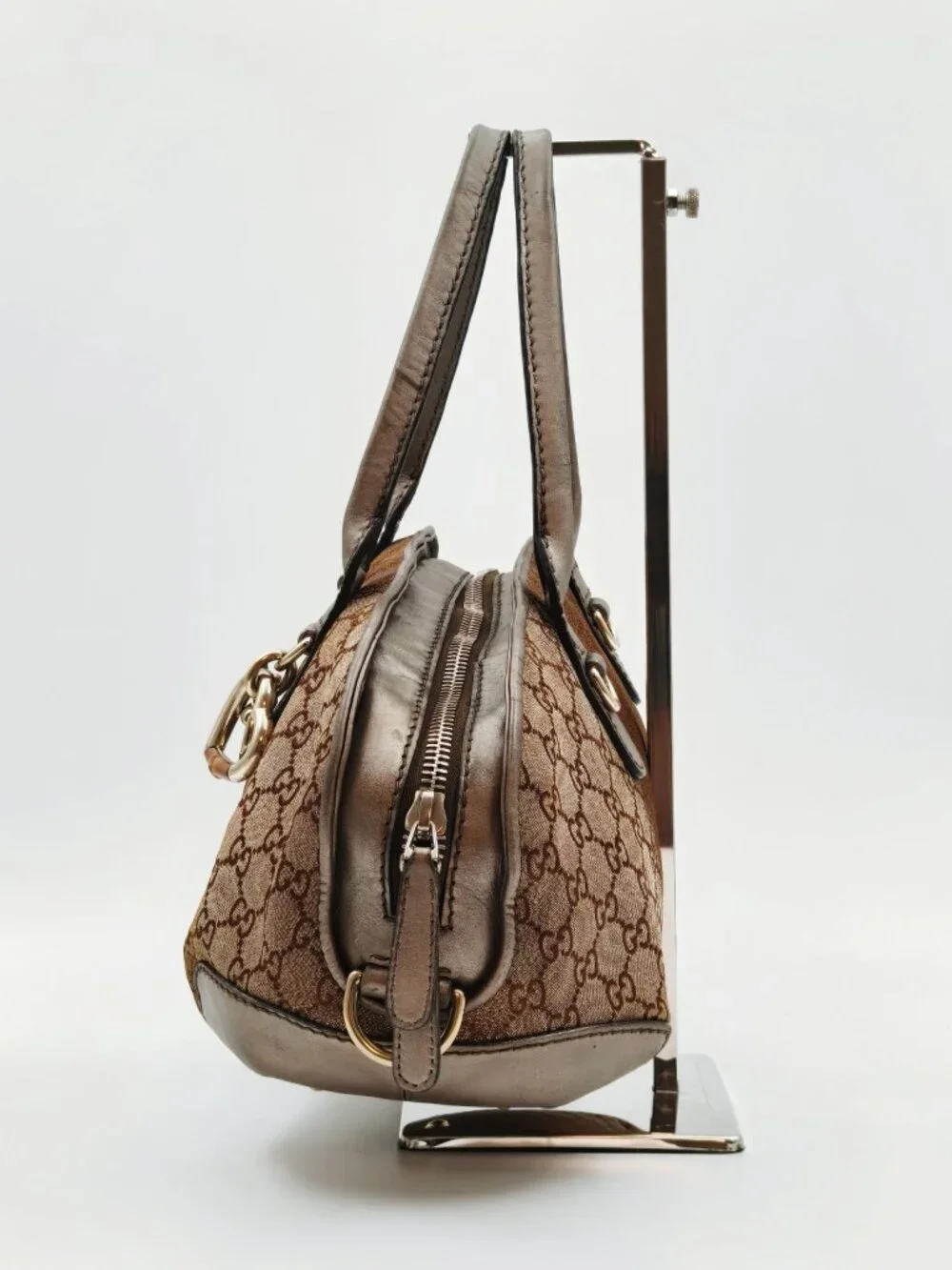 Gucci GG Monogram Canvas Boston Shoulder Bag Brown Leather Heart Charm